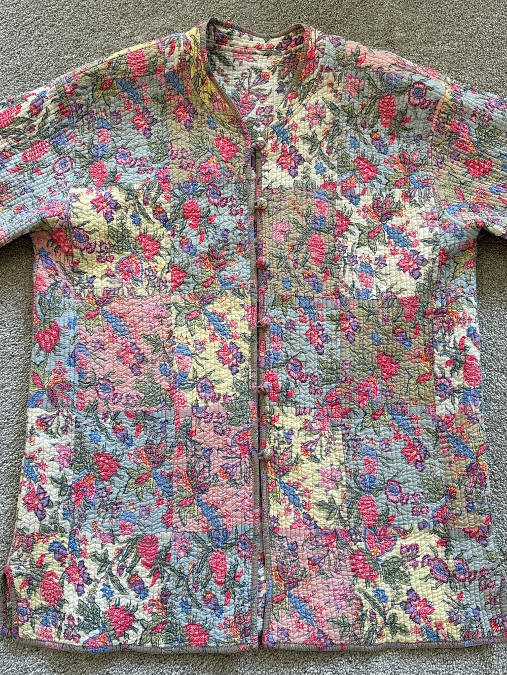 Quilted Floral Patchwork Jacket Boho Kantha Style Coat Oversized Open Jacket